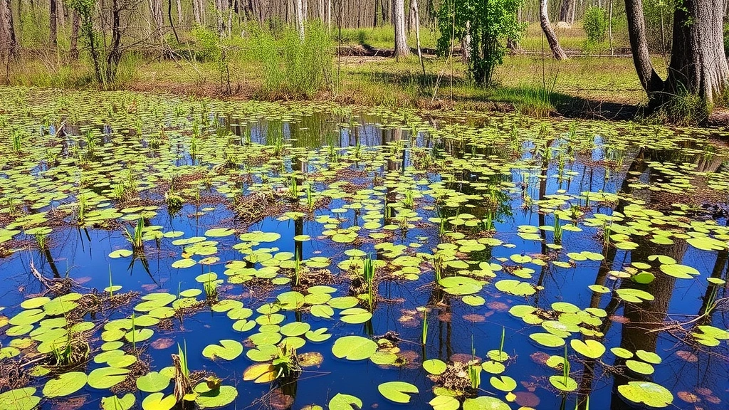 Restored wetland ecosystem with native vegetation and water reflection, demonstrating ecological restoration and ecosystem service preservation enabled by green bond financing