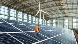 Solar panels and wind turbines in a modern industrial facility with workers in safety equipment installing green energy infrastructure, bright daylight, productive work environment