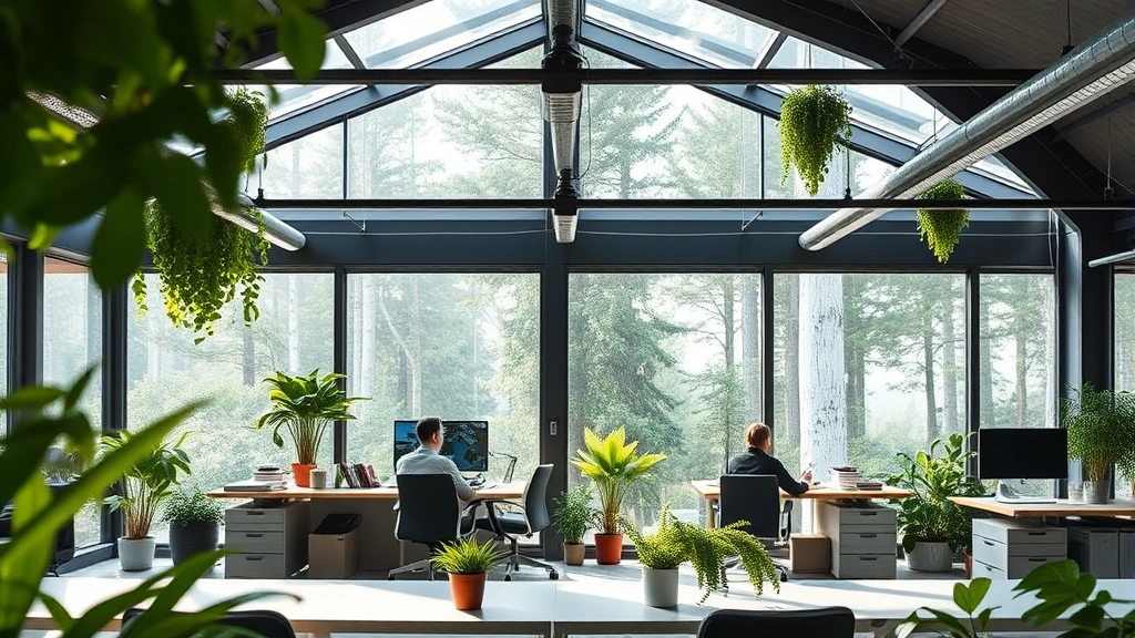 Sustainable office workspace with natural light, green plants, air-quality monitors, and employees working at ergonomic desks surrounded by forest views, peaceful productive atmosphere