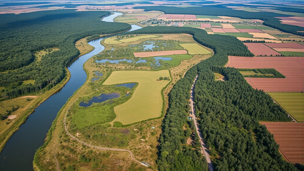 Aerial view of restored wetlands and forests adjacent to a thriving agricultural landscape with crop diversity, clean water flowing, wildlife visible, ecological and economic productivity