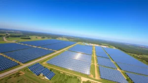 Aerial view of large-scale solar farm with rows of photovoltaic panels stretching across green landscape under blue sky, showing modern renewable energy infrastructure in natural setting