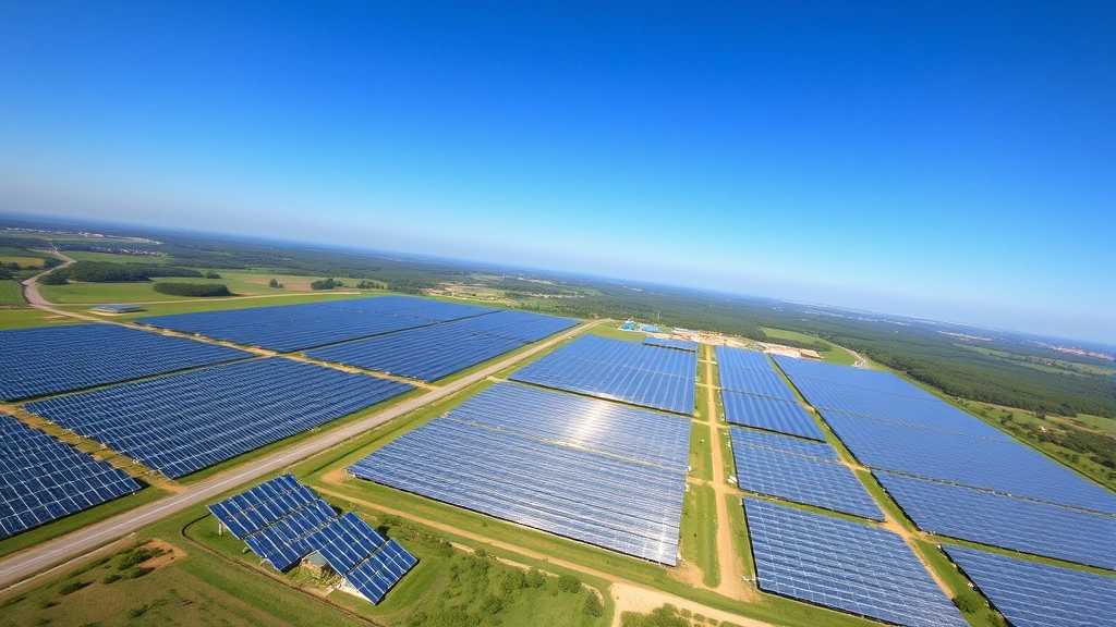 Aerial view of large-scale solar farm with rows of photovoltaic panels stretching across green landscape under blue sky, showing modern renewable energy infrastructure in natural setting