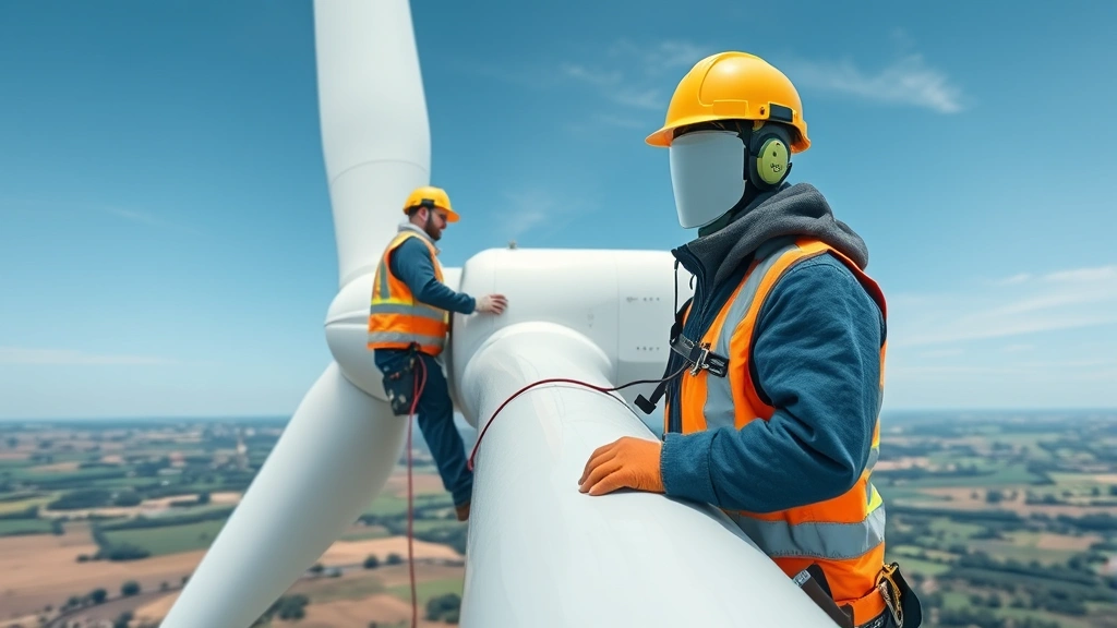 Wind turbine technician in safety gear working on turbine nacelle high above countryside, demonstrating skilled labor and work environment in renewable energy sector