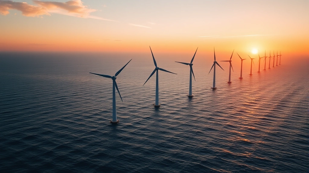 Panoramic view of offshore wind farm with multiple turbines in ocean waters at sunset, representing advanced renewable energy infrastructure and economic investment in clean technology