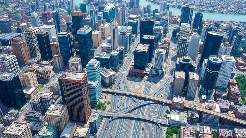 Aerial view of dense urban downtown district with multiple office buildings and skyscrapers, showing transportation networks and traffic patterns below, representing economic hub and business infrastructure, daytime professional environment, photorealistic