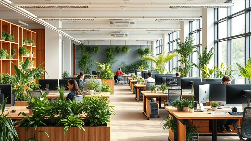 Sustainable modern office workspace with green plants integrated into desk areas, natural wood furniture, employees working at ergonomic stations with computer monitors, large windows with natural light, eco-friendly design elements visible, warm professional atmosphere, photorealistic