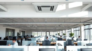 Modern open-plan office with natural light, employees working at desks with visible comfort, climate control vents in ceiling, professional business setting, daylight streaming through windows, neutral color palette